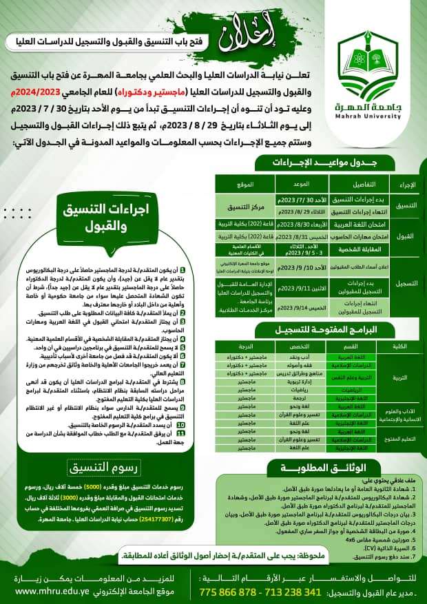 جامعة المهرة تعلن بدء القبول في برامج الدراسات العليا للعام الجامعي 2024/2023م