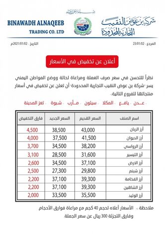 شركة بن عوض النقيب تعلن تخفيض اسعار الأرز